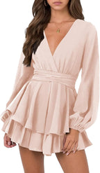 Womens Sexy V Neck Long Sleeve Tie Waist Ruffle Hem Flowy Swing Mini Short Wrap Dress