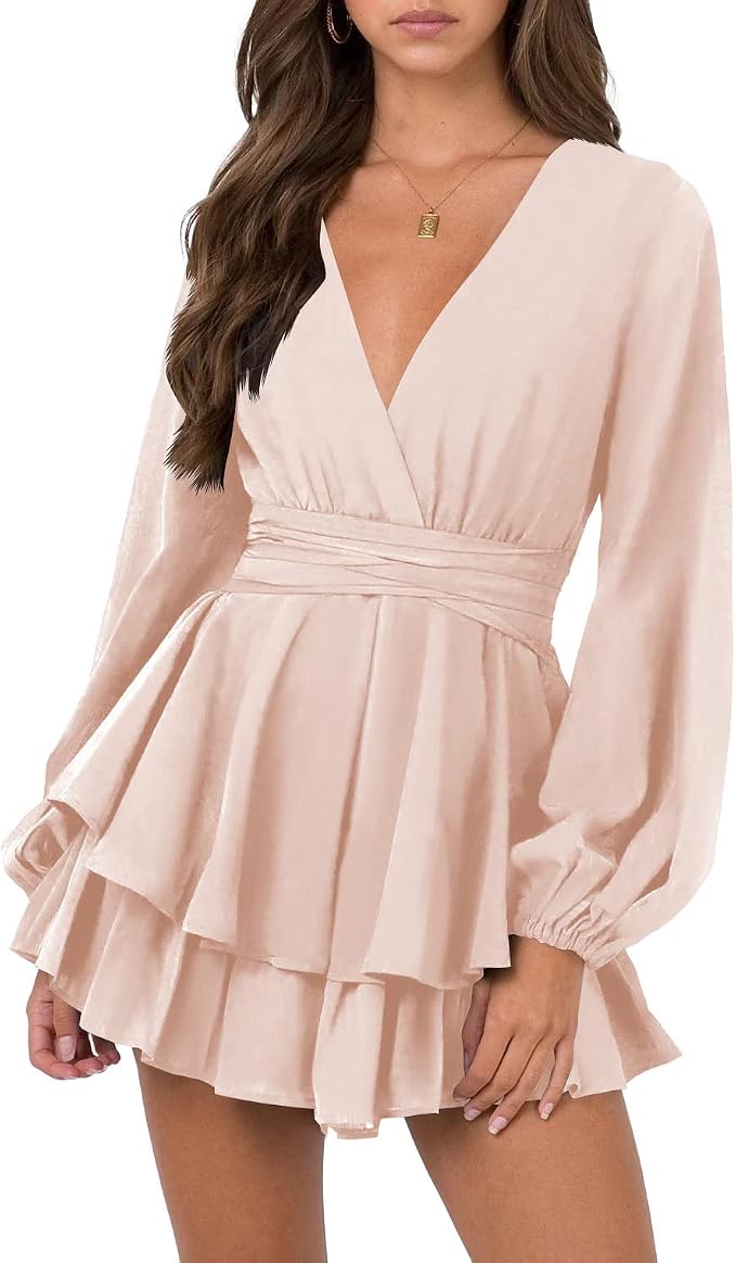 Womens Sexy V Neck Long Sleeve Tie Waist Ruffle Hem Flowy Swing Mini Short Wrap Dress
