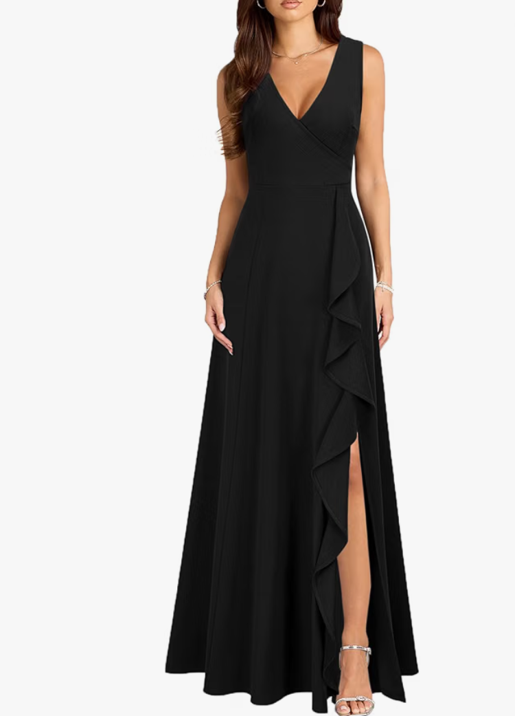 Women's V Neck Sexy Split Cocktail Dress with Pockets Ruffle Party Long Formal Dress
