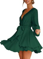 Women's Dress Deep V-Neck Long Sleeve Waist Tie Ruffle Mini Swing Skater Dresses