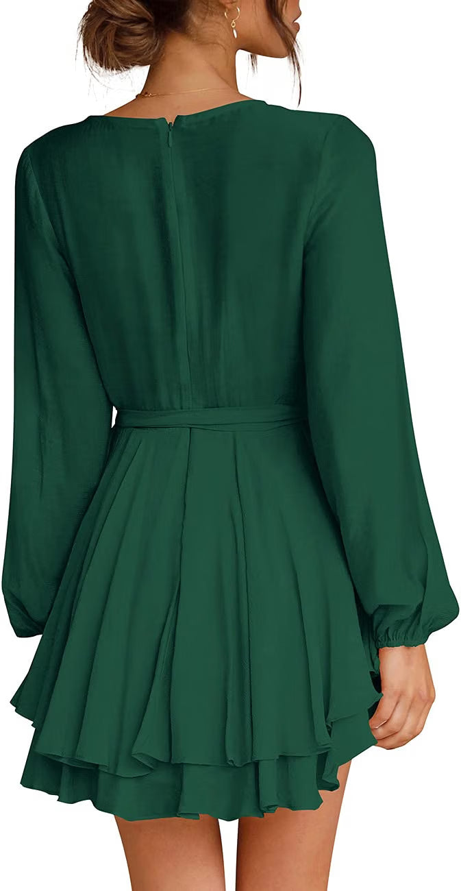 Women's Dress Deep V-Neck Long Sleeve Waist Tie Ruffle Mini Swing Skater Dresses