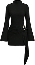 Women's Long Sleeve Dress Tie Waist Ruched Bodycon Mini Dress