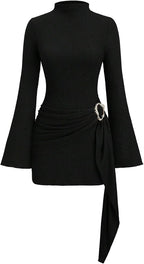 Women's Long Sleeve Dress Tie Waist Ruched Bodycon Mini Dress