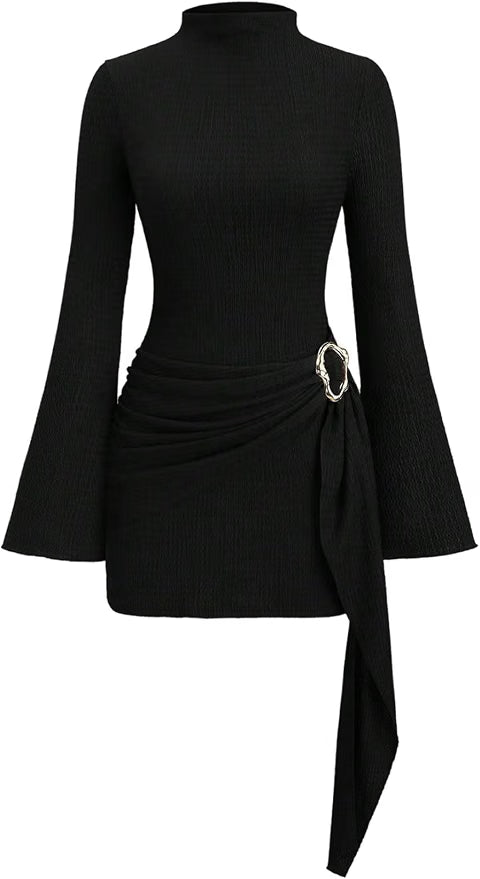 Women's Long Sleeve Dress Tie Waist Ruched Bodycon Mini Dress