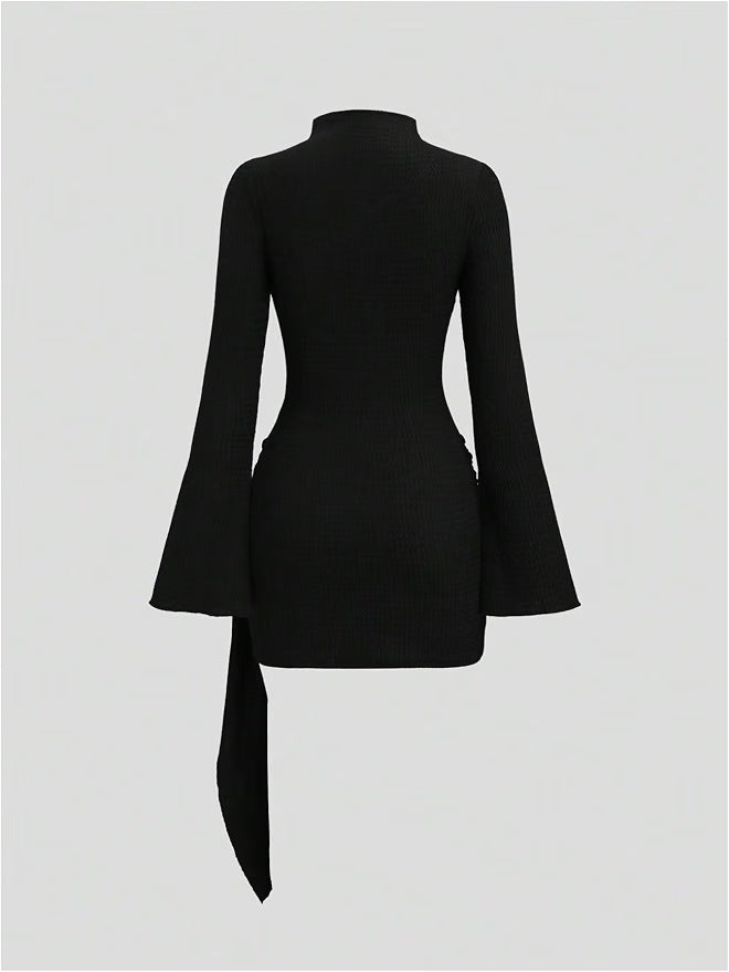 Women's Long Sleeve Dress Tie Waist Ruched Bodycon Mini Dress