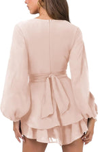 Womens Sexy V Neck Long Sleeve Tie Waist Ruffle Hem Flowy Swing Mini Short Wrap Dress