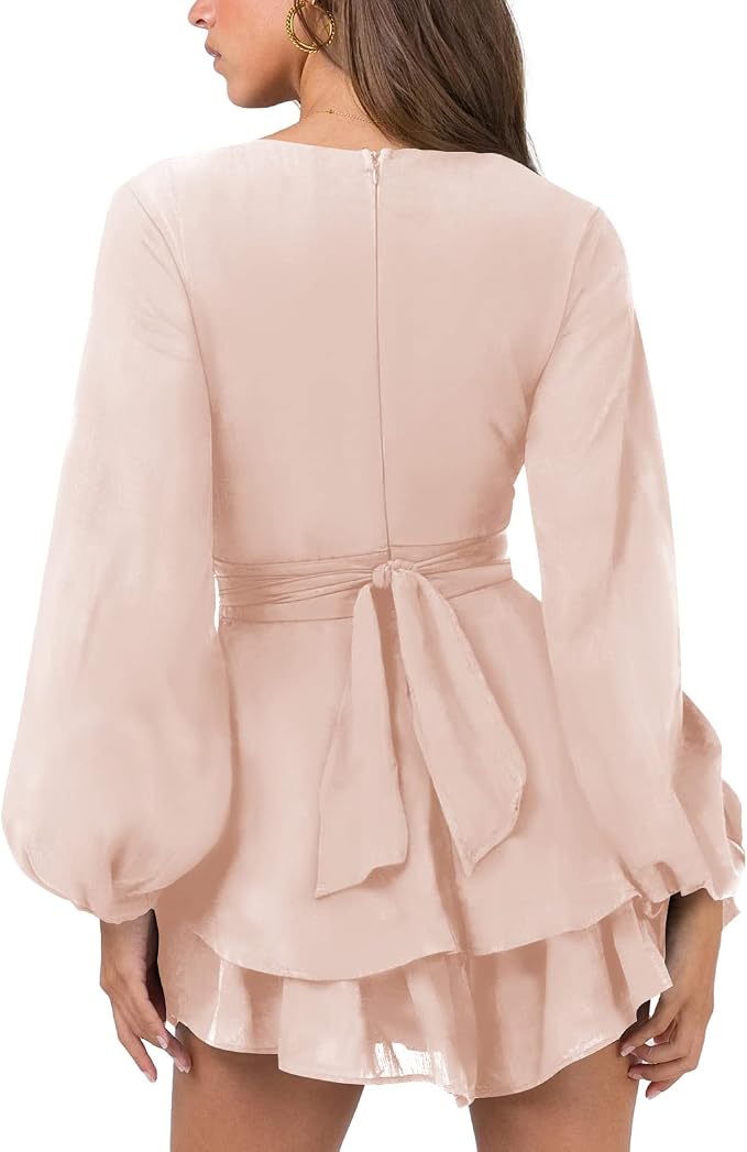 Womens Sexy V Neck Long Sleeve Tie Waist Ruffle Hem Flowy Swing Mini Short Wrap Dress