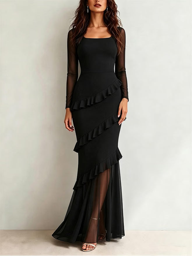 Womens Fall Mesh Long Sleeve Ruffle Wedding Guest Dresses