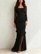 Womens Fall Mesh Long Sleeve Ruffle Wedding Guest Dresses