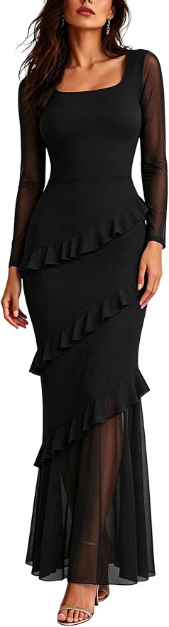 Womens Fall Mesh Long Sleeve Ruffle Wedding Guest Dresses