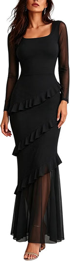 Womens Fall Mesh Long Sleeve Ruffle Wedding Guest Dresses