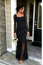Womens Fall Mesh Long Sleeve Ruffle Wedding Guest Dresses